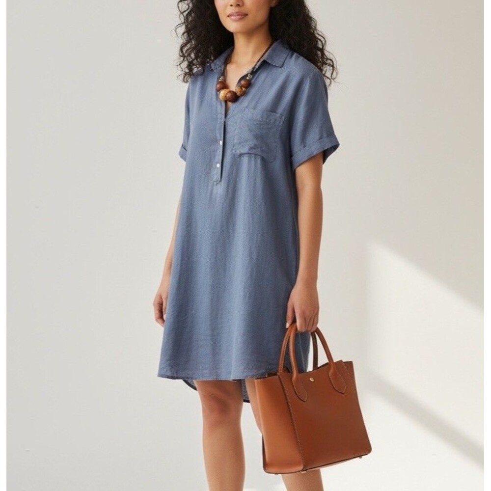 Grayson The Artist Short Dress Womens Small (1) Blue Short Sleeve 100% Linen